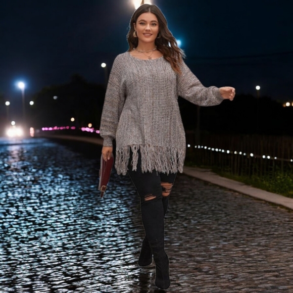 Shein Plus Fringe Trim Drop Shoulder Sweater - Picture 3 of 6